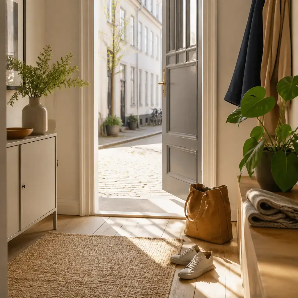 Danish lesson set in a contemporary Copenhagen everyday setting: Morning greeting at home/work/school — casual 'good morning' + brief small talk.