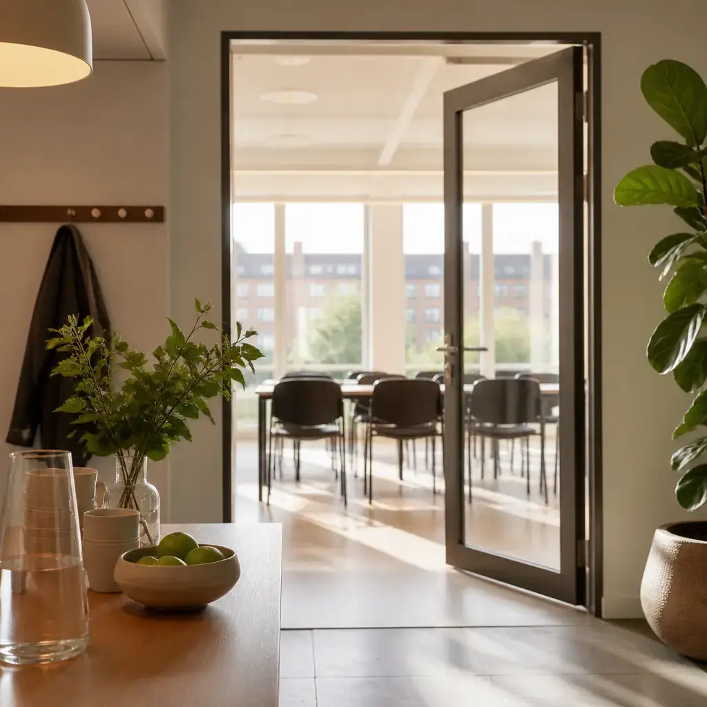 Danish lesson set in a contemporary Copenhagen everyday setting: First-time self-introduction at a shared welcome event — greeting and a simple reason for being there.