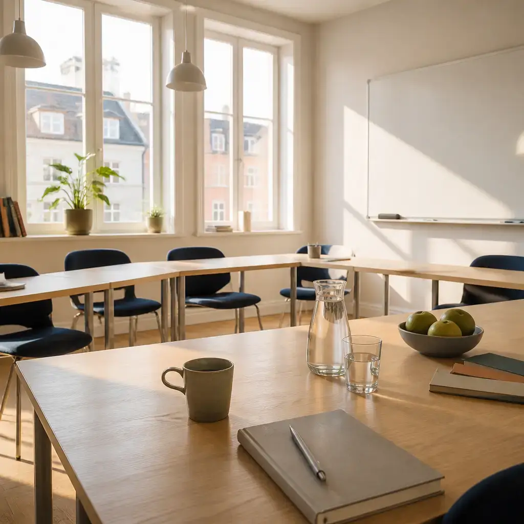 Danish lesson set in a contemporary Copenhagen everyday setting: Before a language lesson, two adults talk about feeling nervous, hearing that the group is friendly, and starting slowly..