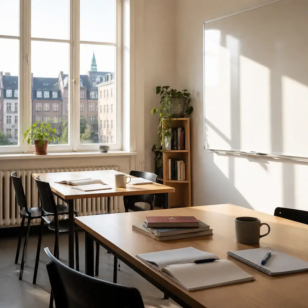 Danish lesson set in a contemporary Copenhagen everyday setting: After a language lesson, two adults talk about staying in the classroom and reviewing together..