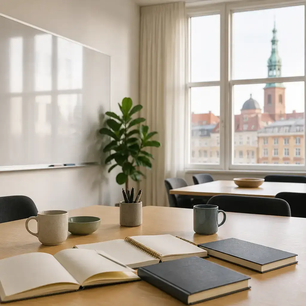 Danish lesson set in a contemporary Copenhagen everyday setting: In a language classroom, two adults talk about hearing a sentence again and practicing the difficult part slowly..