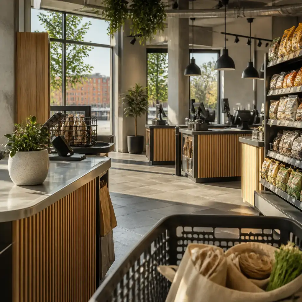 Danish lesson set in a contemporary Copenhagen everyday setting: At a shop checkout area, two adults confirm they have everything and choose the shorter line..