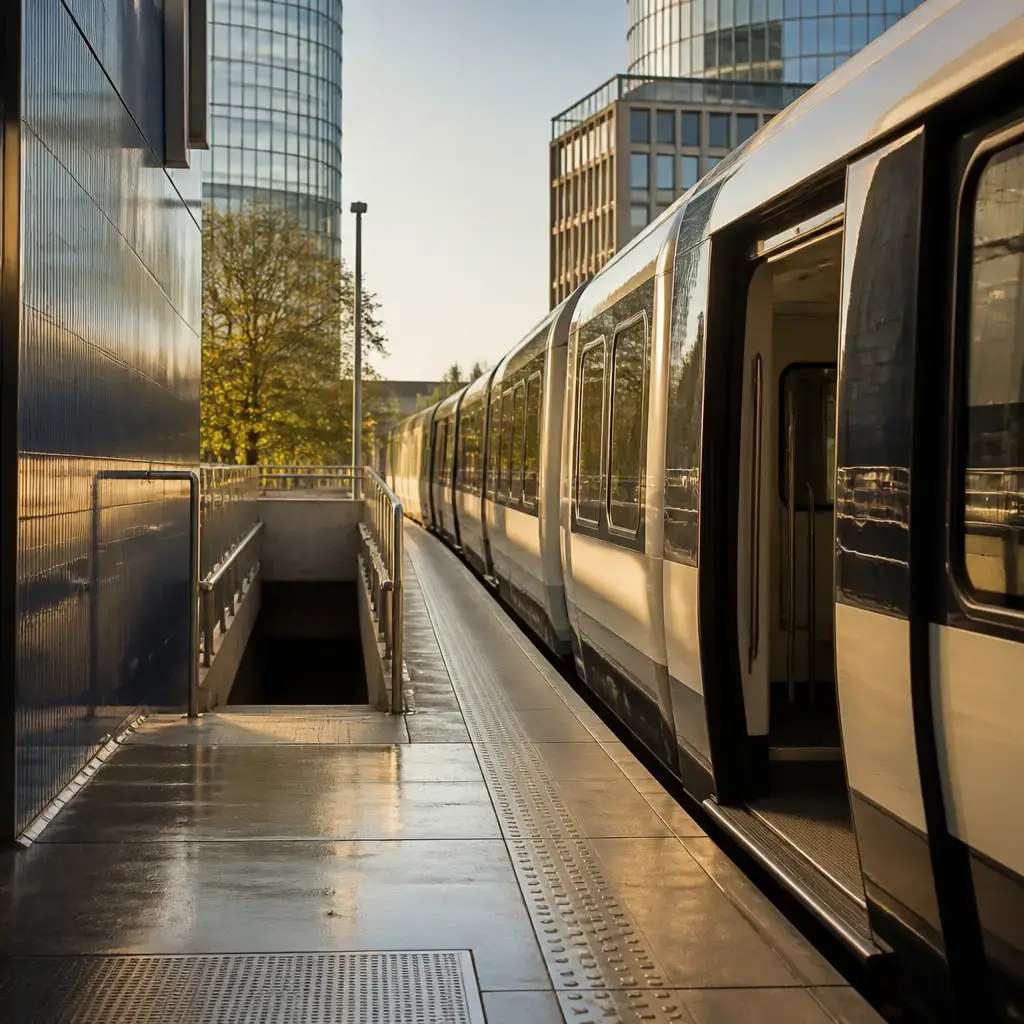 Danish lesson set in a contemporary Copenhagen everyday setting: During rush hour near a station, two adults hurry to the platform and prepare to board the train together..