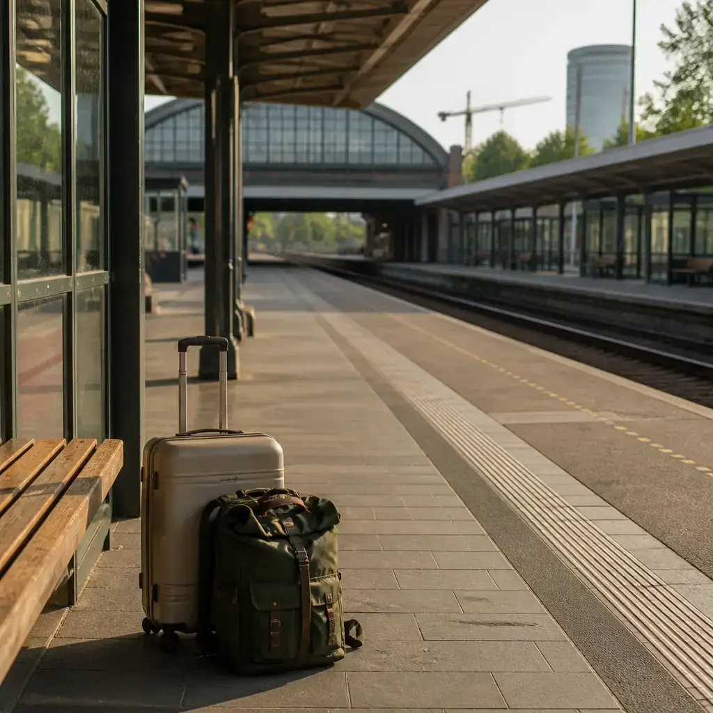 Danish lesson set in a contemporary Copenhagen everyday setting: At a train station, two adults check the platform sign, manage bags, and watch for changes before boarding..