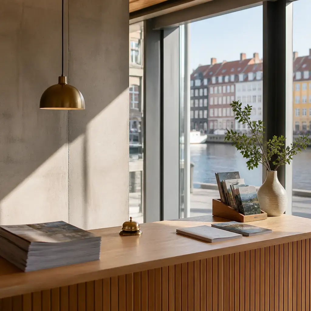 Danish lesson set in a contemporary Copenhagen everyday setting: At an event desk, two adults ask a staff member about available activities and choose a guided walk..