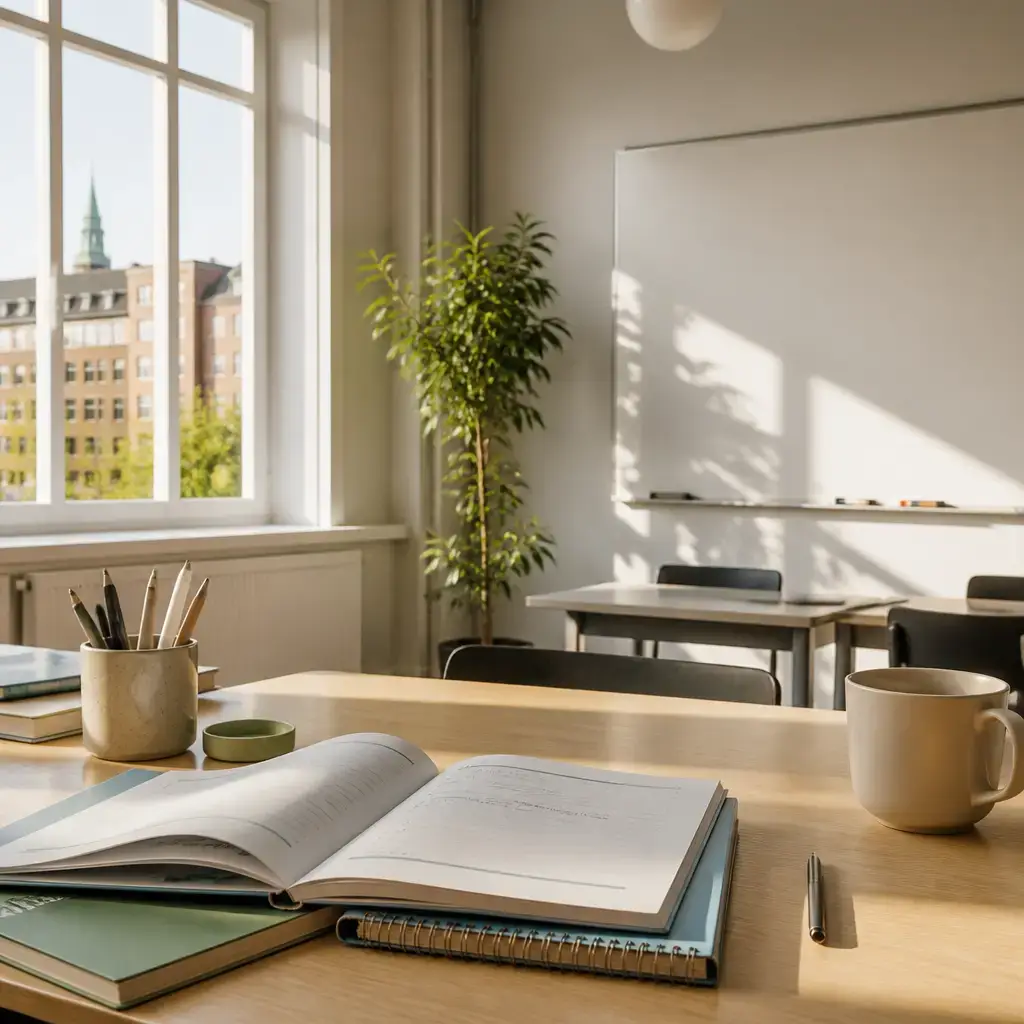 Danish lesson set in a contemporary Copenhagen everyday setting: In a language classroom, one adult asks what homework to complete and when to bring the answers back..