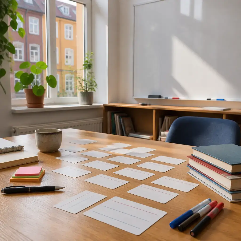 Danish lesson set in a contemporary Copenhagen everyday setting: In a language classroom, two adults use word cards and example sentences to review words they need to remember..