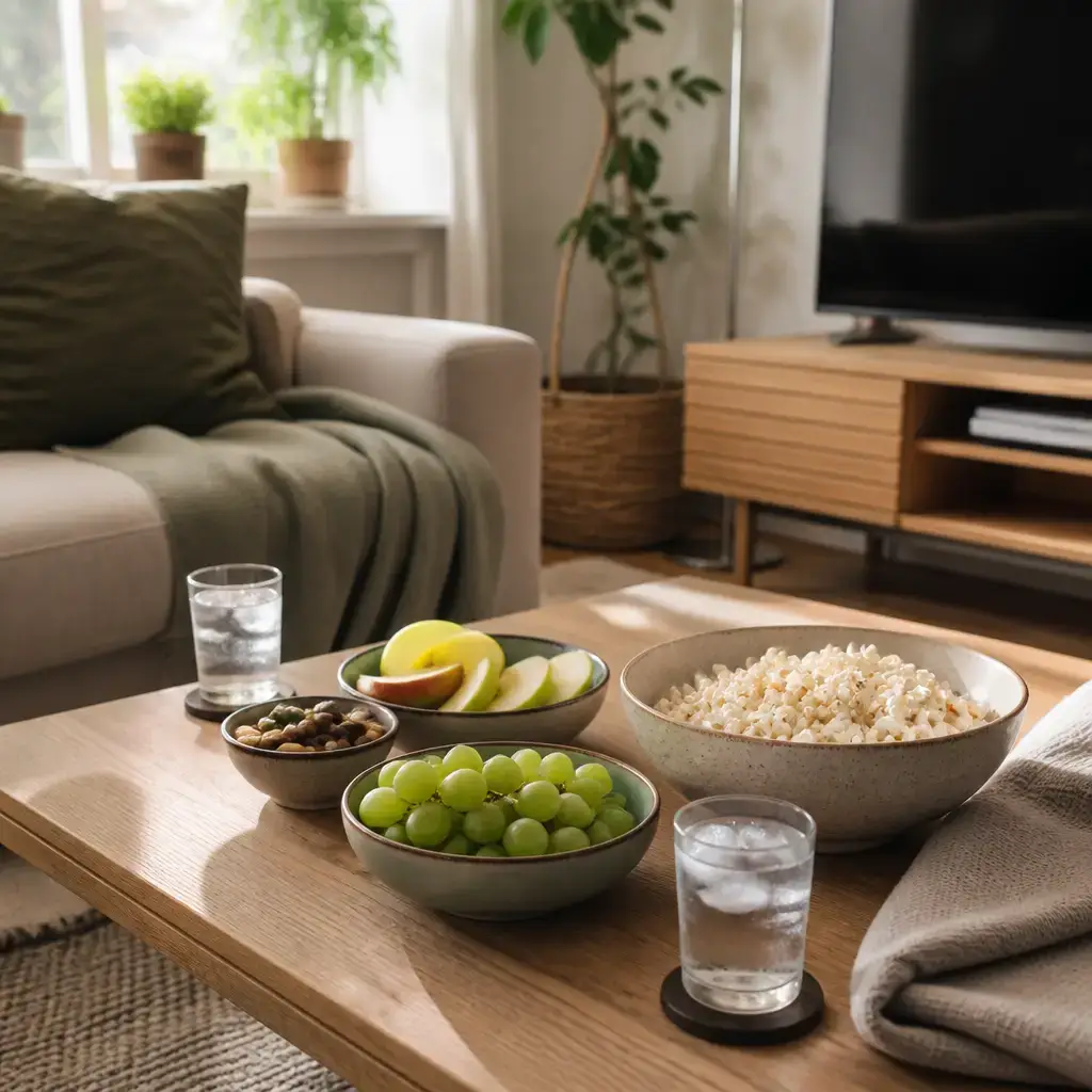 Danish lesson set in a contemporary Copenhagen everyday setting: At home, two friends plan to watch a short movie and decide what light food and drink to bring..
