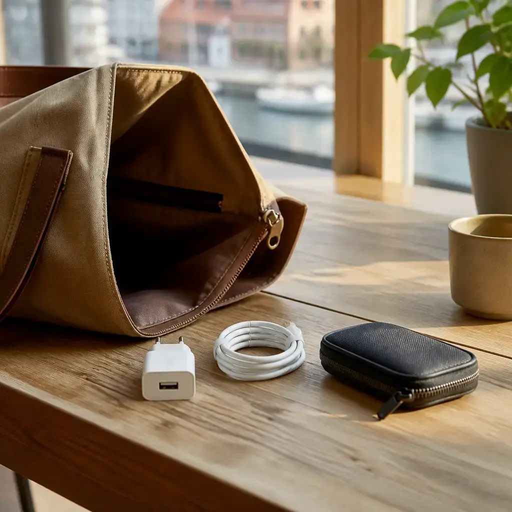 Danish lesson set in a contemporary Copenhagen everyday setting: In daily life, one adult borrows a phone charger and cable from another person's bag and agrees to return everything..