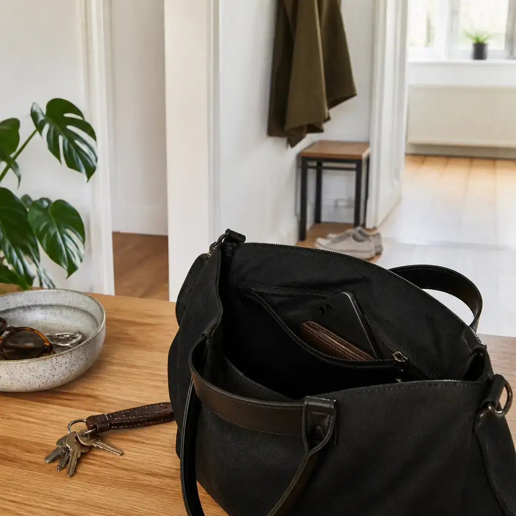 Danish lesson set in a contemporary Copenhagen everyday setting: Before leaving, two adults decide where to keep a wallet and phone safely in a bag..