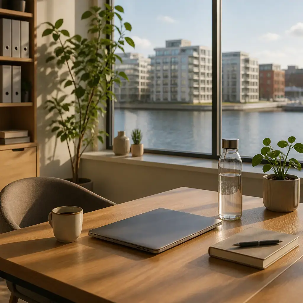 Danish lesson set in a contemporary Copenhagen everyday setting: At work, two adults take a short screen break so tired eyes feel better before finishing a task..