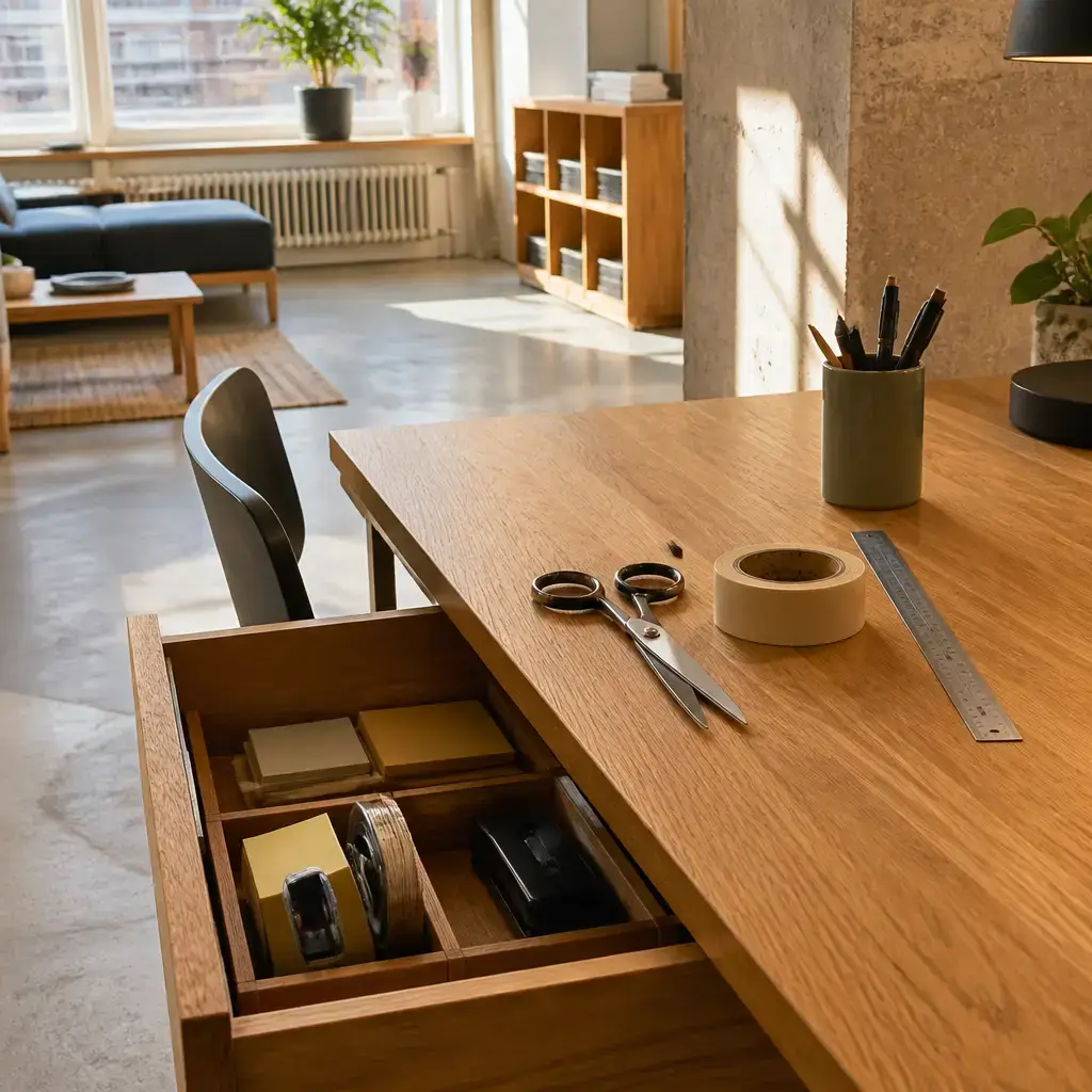 Danish lesson set in a contemporary Copenhagen everyday setting: In a shared space, one person borrows scissors, tape, and a ruler and agrees where to return them..