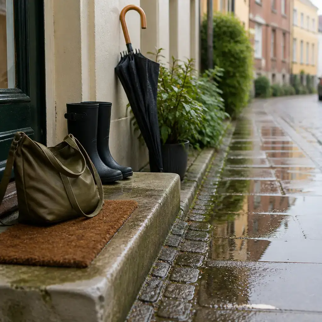 Danish lesson set in a contemporary Copenhagen everyday setting: Before leaving in the rain, two adults talk about boots, puddles, protecting a bag, and taking an umbrella..