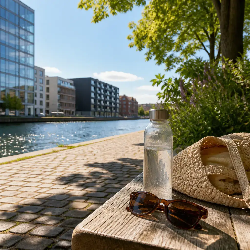 Danish lesson set in a contemporary Copenhagen everyday setting: Outside, two adults talk about taking sunglasses and water before going for a sunny walk..