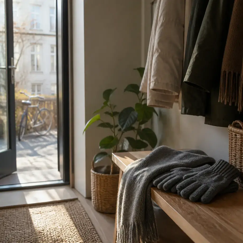 Danish lesson set in a contemporary Copenhagen everyday setting: Before going outside, two adults talk about wearing a scarf and gloves for cold weather..