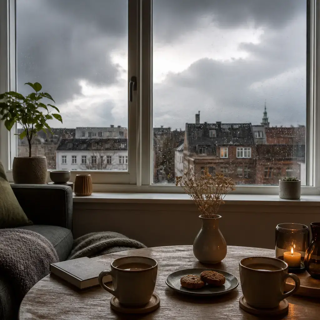 Danish lesson set in a contemporary Copenhagen everyday setting: At home, two adults decide to stay inside during bad weather and wait with tea..
