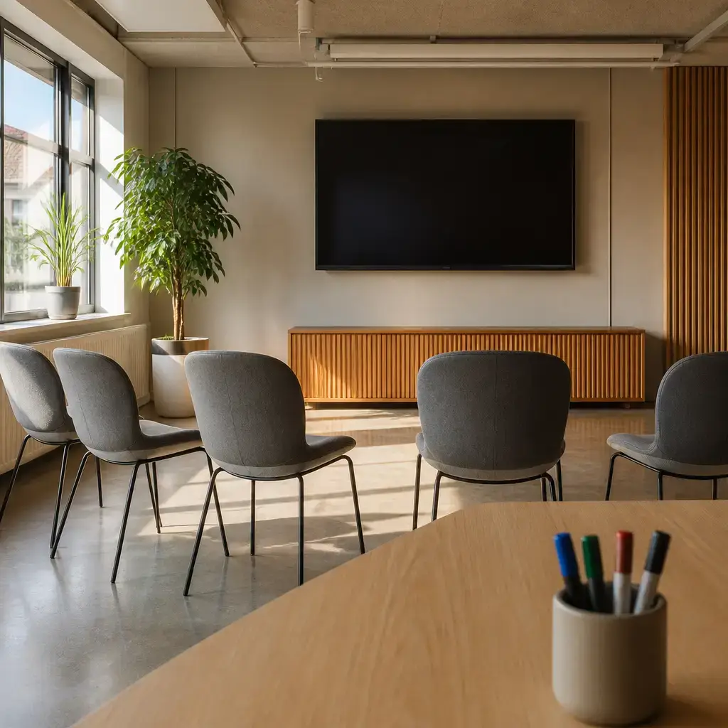 Danish lesson set in a contemporary Copenhagen everyday setting: In a shared room, two adults check the chairs, screen, markers, and open space before using it..