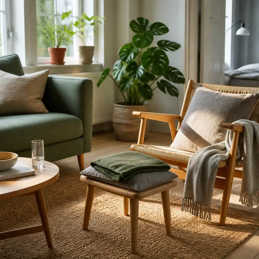 Danish lesson set in a contemporary Copenhagen everyday setting: At home, two adults talk about resting a sore leg after walking too much..