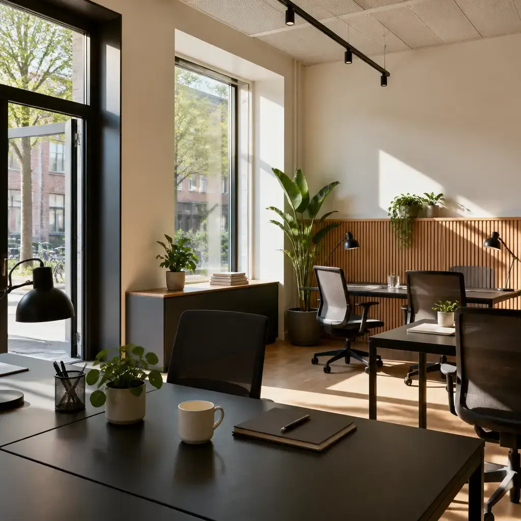 Danish lesson set in a contemporary Copenhagen everyday setting: In a shared office, two adults talk about choosing an open desk, finding a quiet place, and leaving the desk clean..