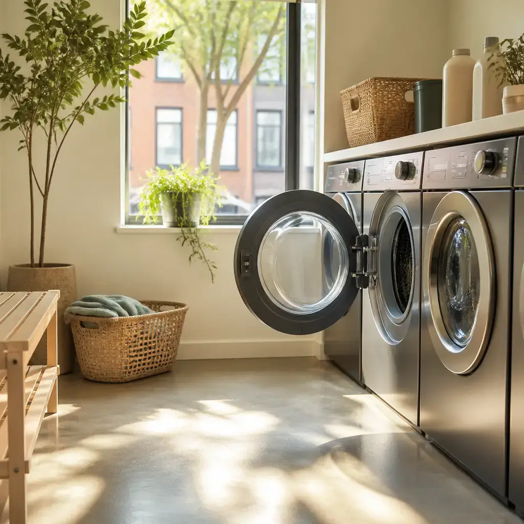 Danish lesson set in a contemporary Copenhagen everyday setting: In a shared laundry room, two adults talk about using an available machine and collecting clothes promptly..