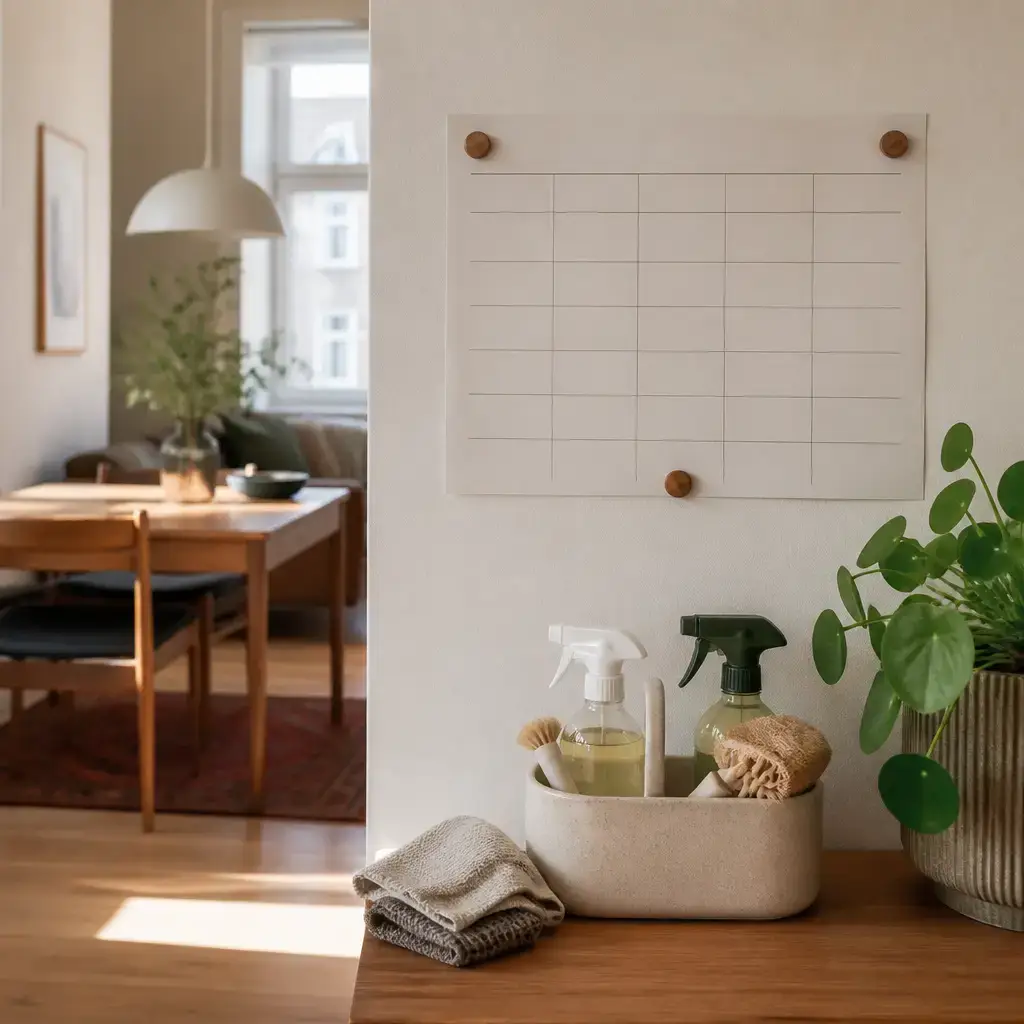 Danish lesson set in a contemporary Copenhagen everyday setting: At home, two adults divide cleaning chores and put a weekly schedule where they can remember it..