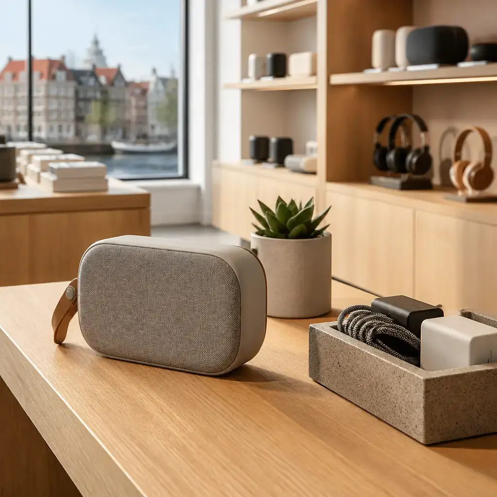 Danish lesson set in a contemporary Copenhagen everyday setting: In a shop, a customer asks staff what a small speaker warranty covers before deciding to buy it..