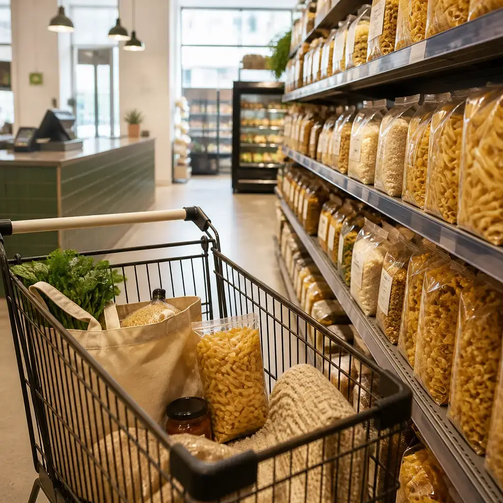 Danish lesson set in a contemporary Copenhagen everyday setting: In a grocery shop, two adults follow a list, find dry food, add pasta, and head toward checkout..
