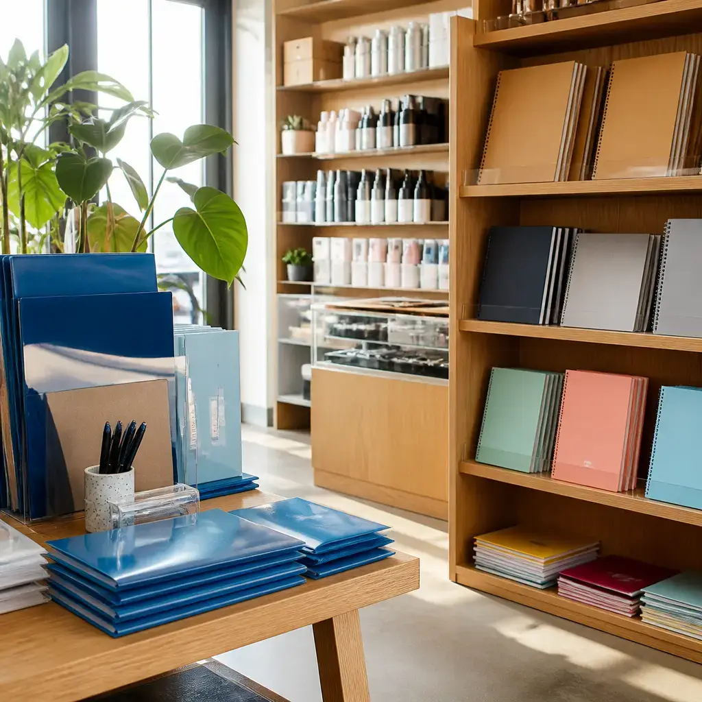 Danish lesson set in a contemporary Copenhagen everyday setting: In a shop, a customer asks staff where to find blue folders and whether a pack is available..