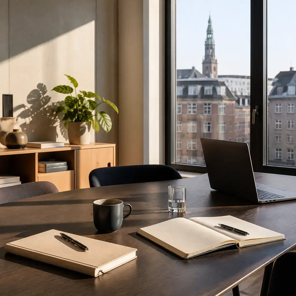 Danish lesson set in a contemporary Copenhagen everyday setting: After a work meeting, two adults review action items, assign a client follow-up, and update shared notes..
