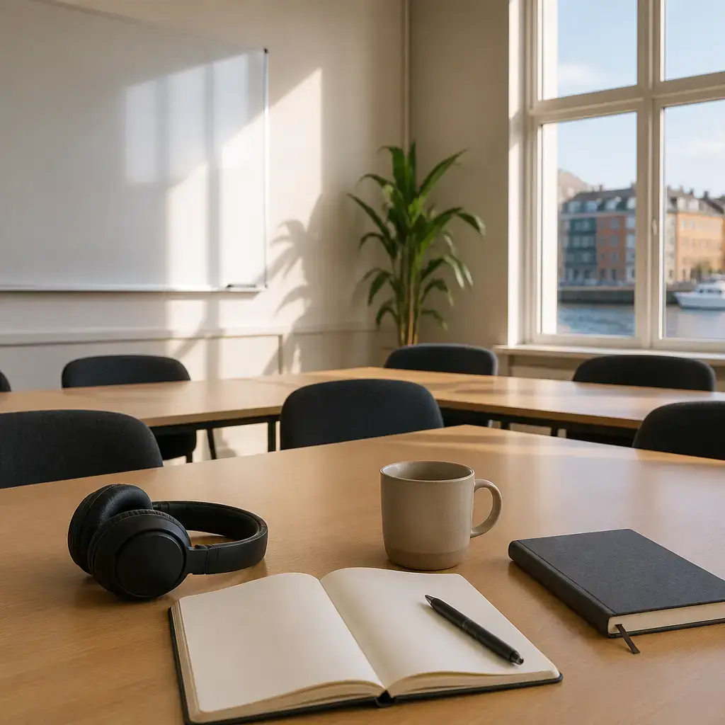 Danish lesson set in a contemporary Copenhagen everyday setting: In a language classroom, two adults discuss an online resource for listening practice and choosing a level that feels clear..