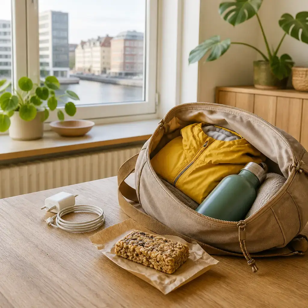 Danish lesson set in a contemporary Copenhagen everyday setting: Before an outing, two adults check a packed bag for a charger, a snack, a raincoat, and water..