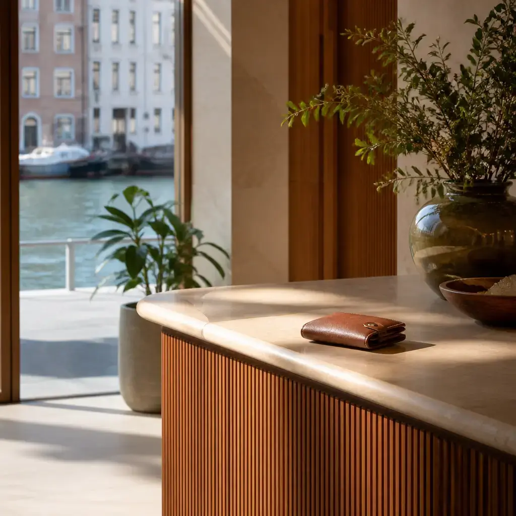 Danish lesson set in a contemporary Copenhagen everyday setting: At a front desk, one adult prepares to report a lost wallet while another helps describe it clearly..