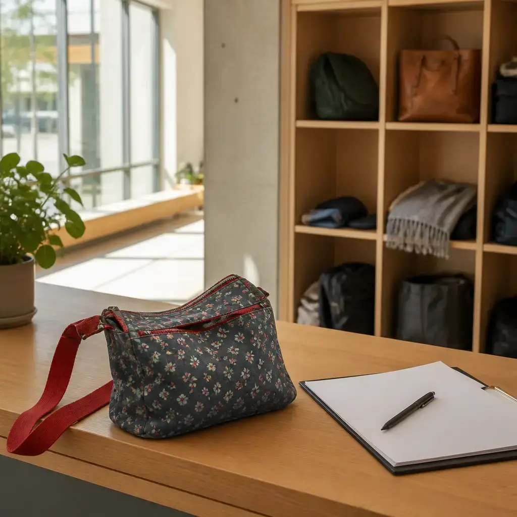 Danish lesson set in a contemporary Copenhagen everyday setting: At a lost property desk, an adult describes a bag by its strap, zipper, and front pattern before signing a form..
