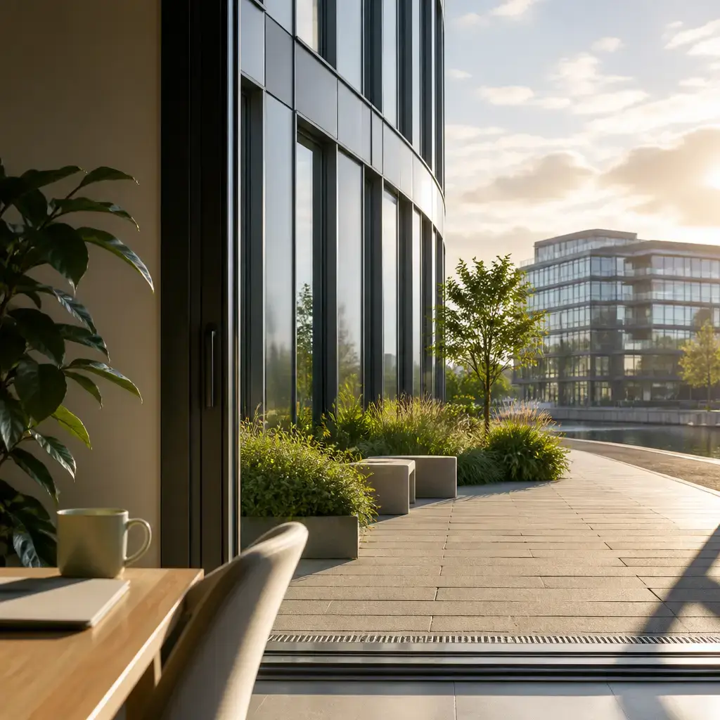 Danish lesson set in a contemporary Copenhagen everyday setting: At work, two adults step outside near the building for fresh air before returning to focus..