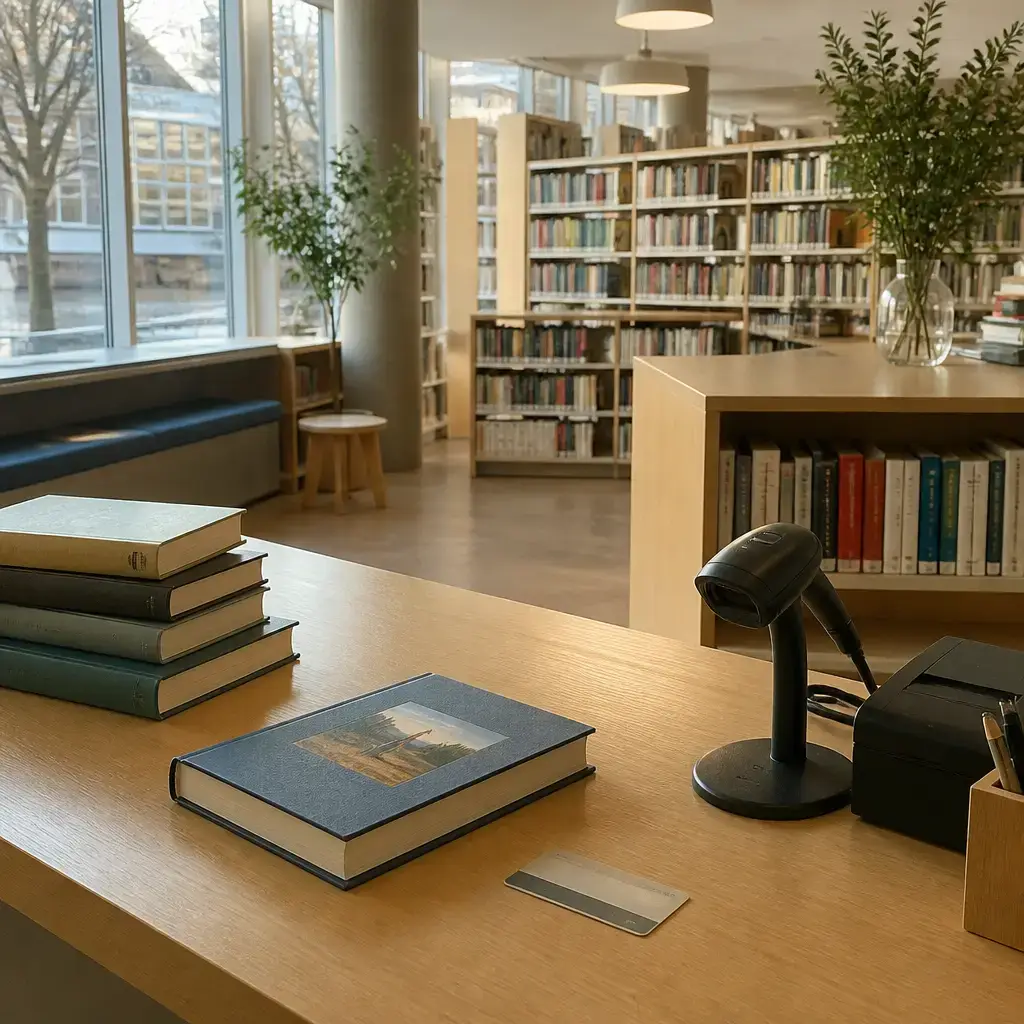 Danish lesson set in a contemporary Copenhagen everyday setting: In a library, one person asks a librarian to recommend a simple book for language learners and checks how to borrow it..