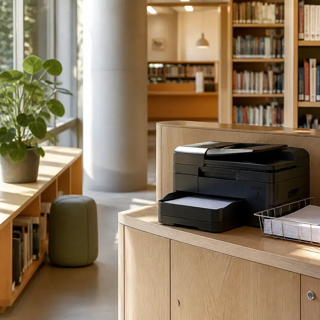 Danish lesson set in a contemporary Copenhagen everyday setting: In a library, one person asks how to use the printer, choose print settings, and collect the printed pages..