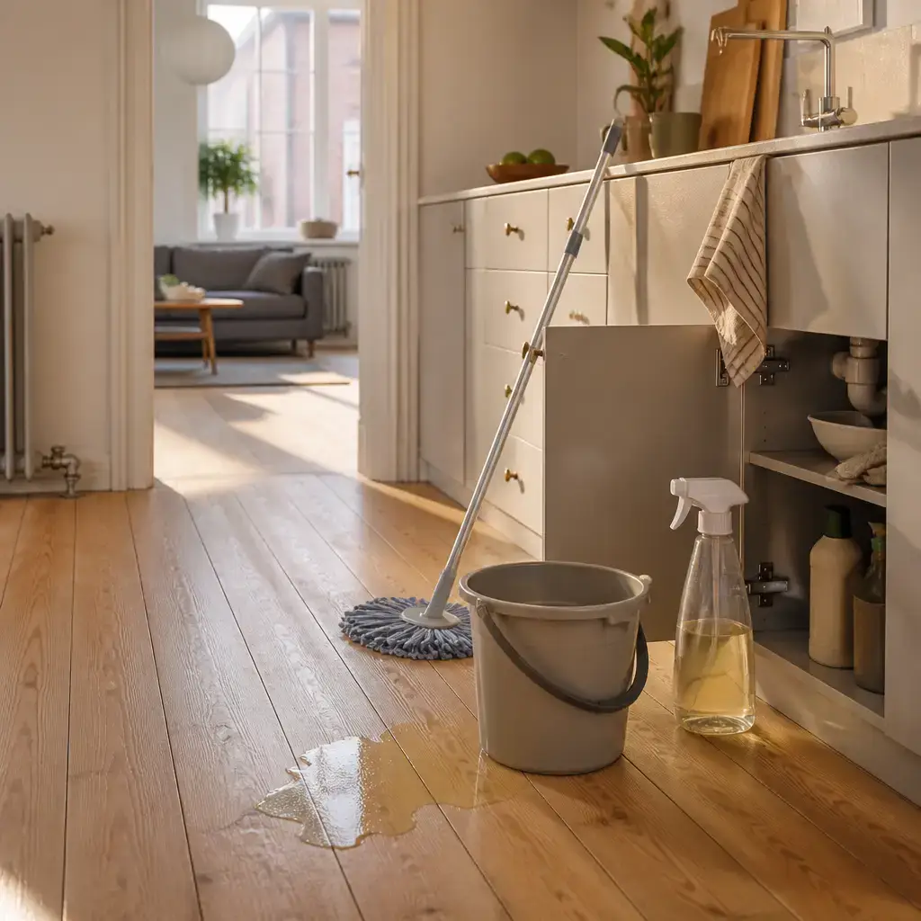 Danish lesson set in a contemporary Copenhagen everyday setting: In a shared living space, one person borrows cleaning spray, a bucket, and a mop after a spill on the kitchen floor..