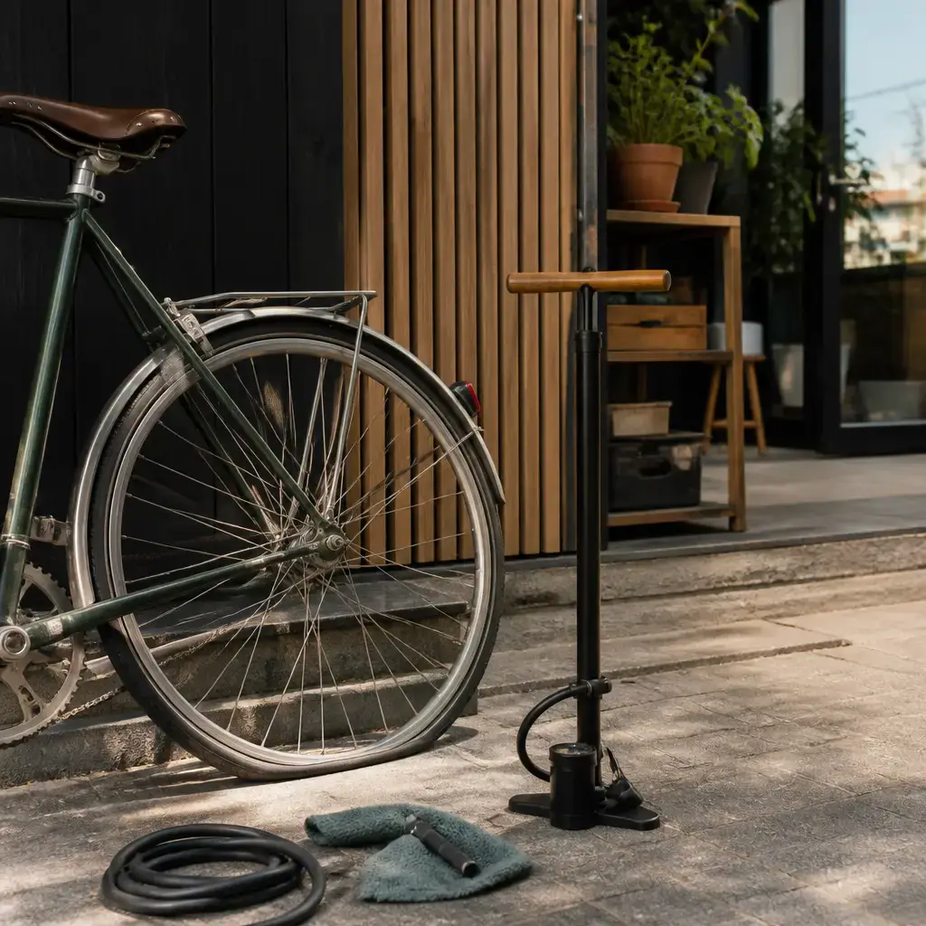 Danish lesson set in a contemporary Copenhagen everyday setting: In a shared space, one adult borrows a bicycle pump and learns how to check and fill a flat tire..