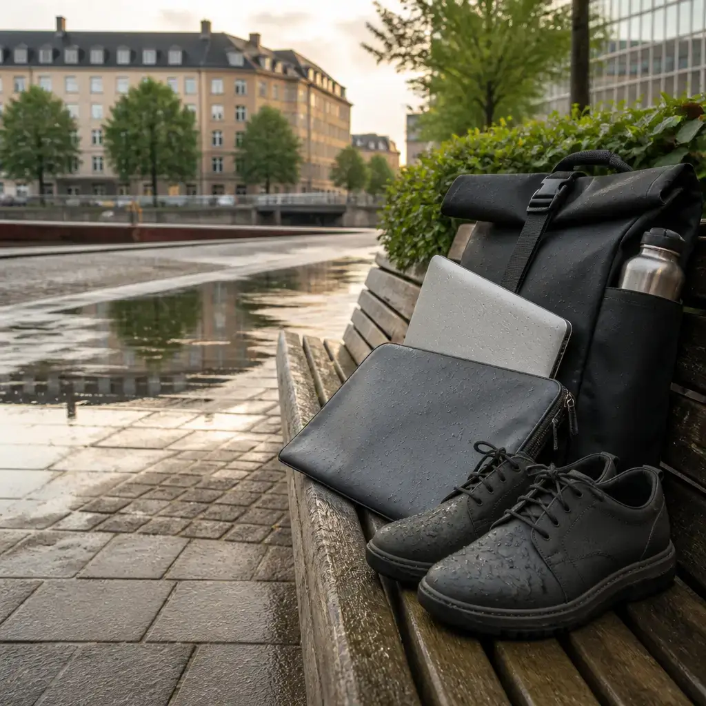 Danish lesson set in a contemporary Copenhagen everyday setting: Before going out in heavy rain, two adults discuss waterproof shoes, keeping a laptop dry, and leaving extra time for travel..