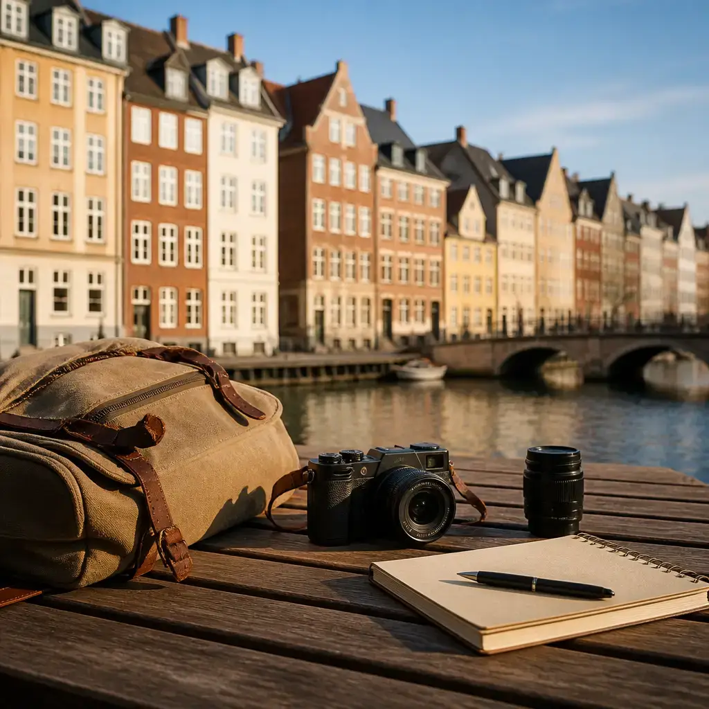 Danish lesson set in a contemporary Copenhagen everyday setting: Before a photo walk, two adults plan to meet early, photograph old buildings, and compare their pictures later..