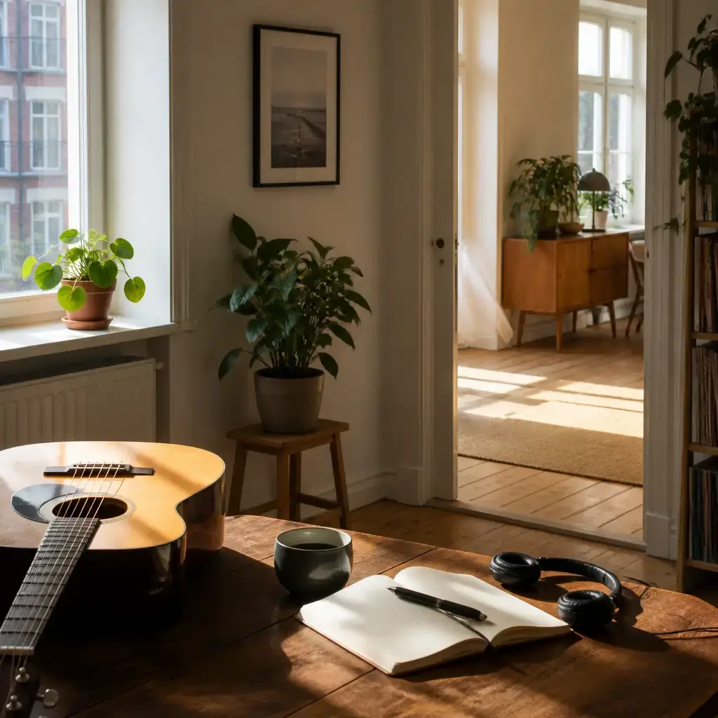 Danish lesson set in a contemporary Copenhagen everyday setting: At home, one adult describes learning guitar through online lessons and practicing in a quiet room..