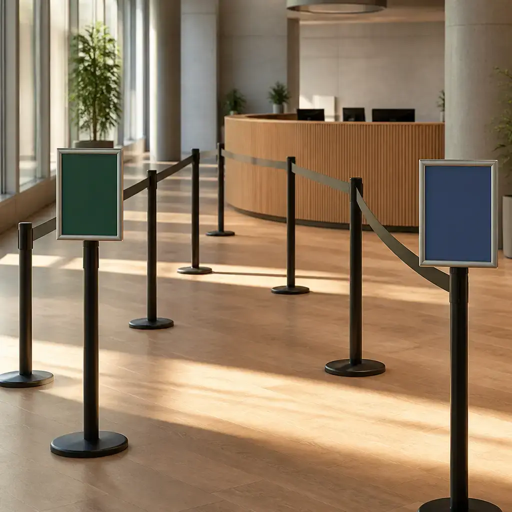 Danish lesson set in a contemporary Copenhagen everyday setting: At a public service area, two adults check which line is correct for renewing a membership card..