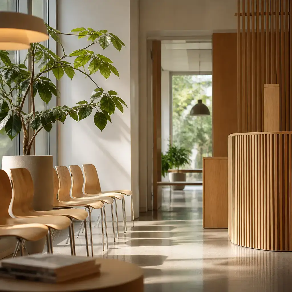 Danish lesson set in a contemporary Copenhagen everyday setting: In a public waiting area, one adult asks about the wait and decides whether to stay or return later..