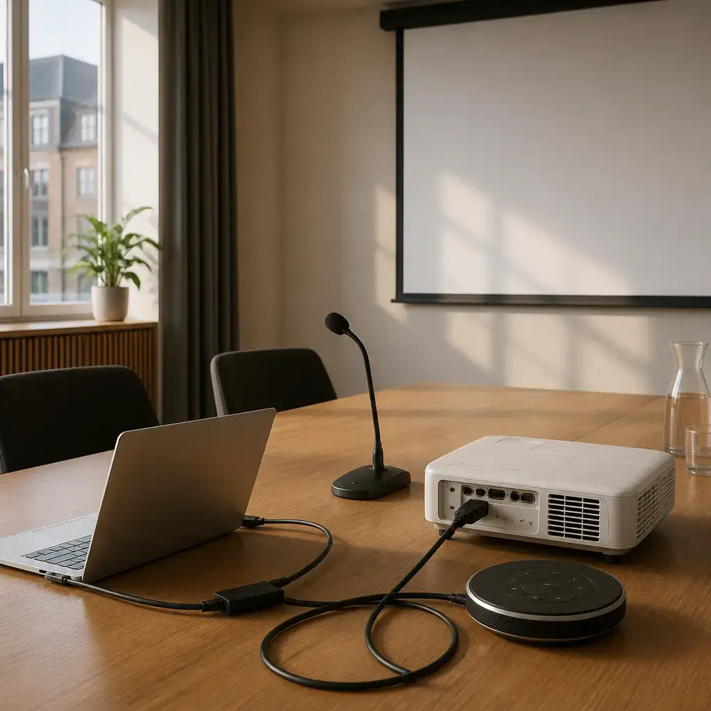 Danish lesson set in a contemporary Copenhagen everyday setting: Before a meeting, two adults check the projector, cable, microphone, and volume in a meeting room..
