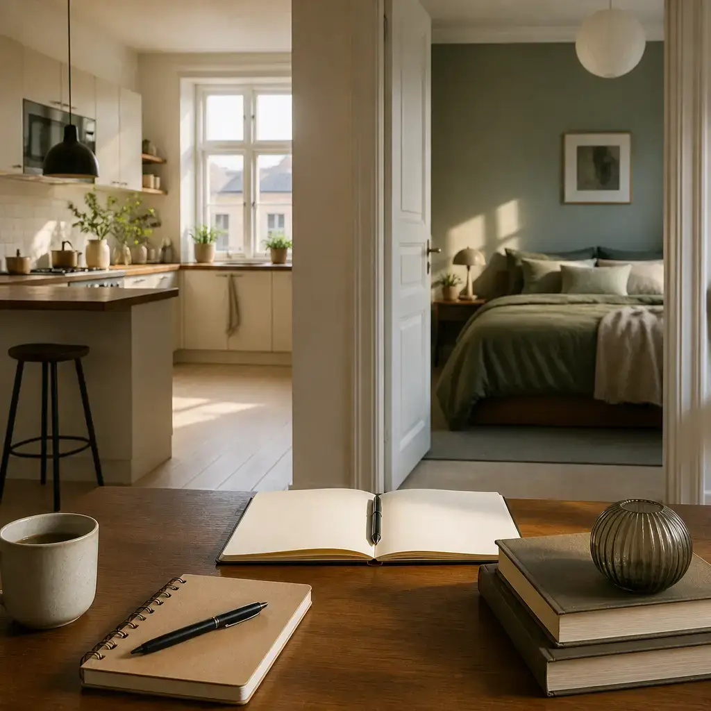 Danish lesson set in a contemporary Copenhagen everyday setting: At home, two adults compare the kitchen and bedroom and choose the quieter room for studying..