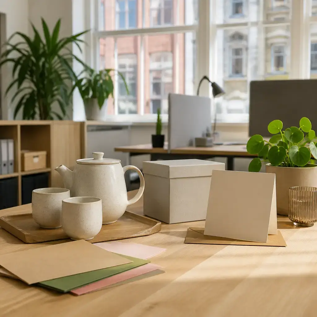 Danish lesson set in a contemporary Copenhagen everyday setting: At work, two adults choose a useful personal gift and a card for a coworker..