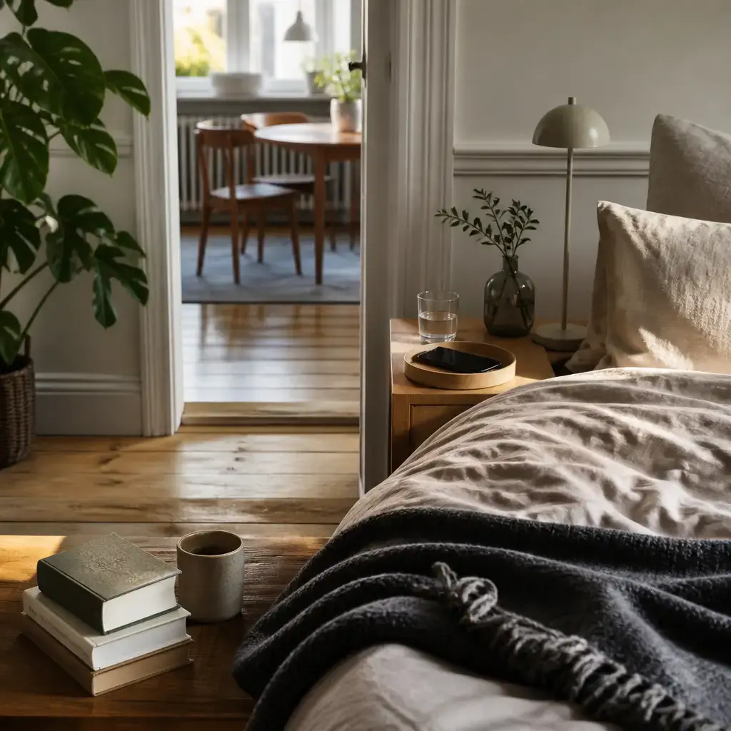 Danish lesson set in a contemporary Copenhagen everyday setting: At home, two adults talk about poor sleep and choosing a calmer evening routine before bed..