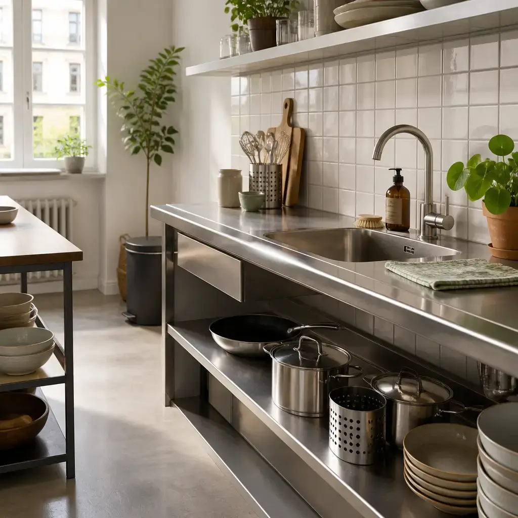 Danish lesson set in a contemporary Copenhagen everyday setting: In a shared kitchen, a new user asks how to clean up, store a pan, and leave the space ready for others..