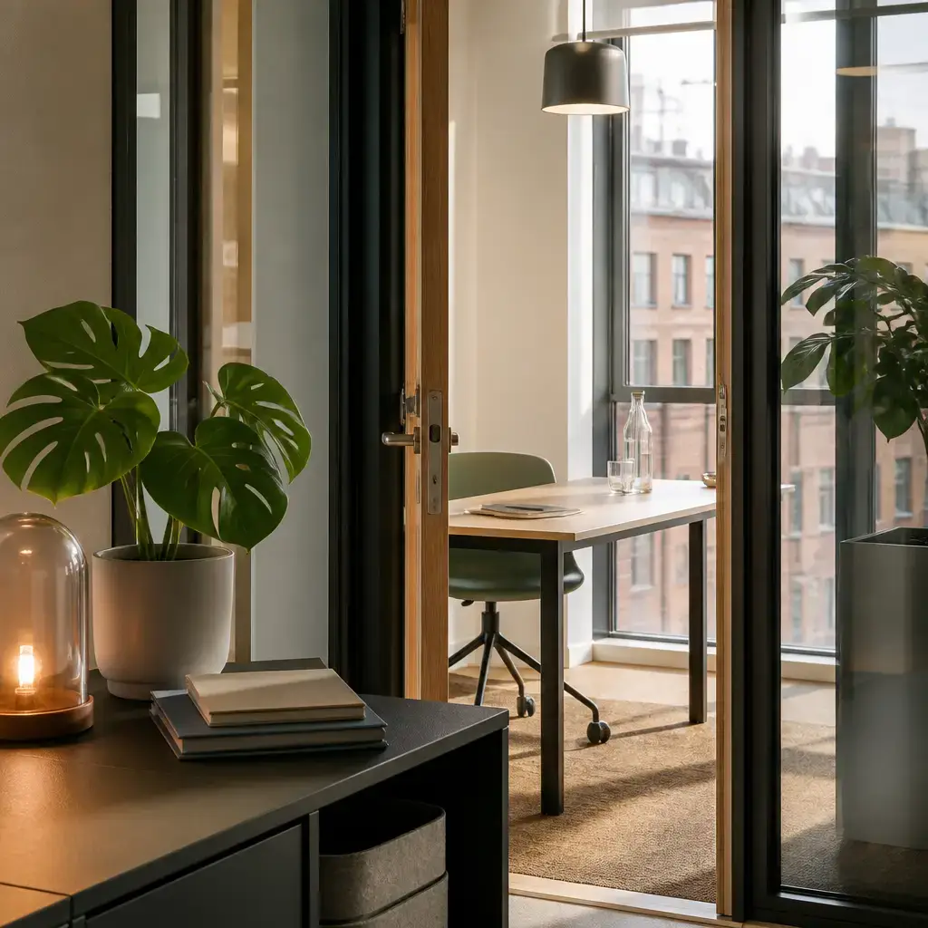 Danish lesson set in a contemporary Copenhagen everyday setting: In a shared office, two adults discuss booking a quiet room, adding it to the calendar, and leaving it tidy..