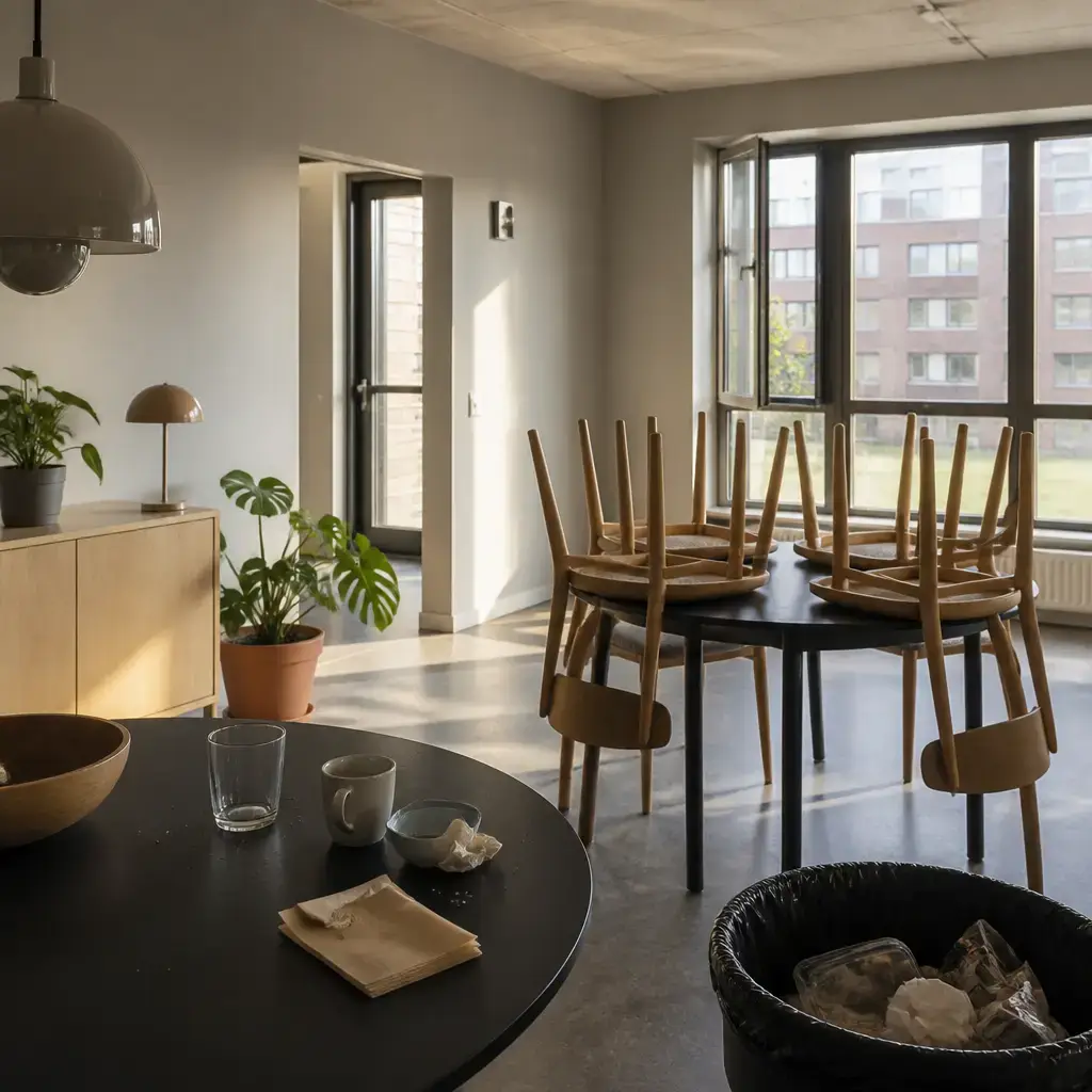 Danish lesson set in a contemporary Copenhagen everyday setting: After using a common room, two adults clean up chairs and trash, turn things off, and lock the room..